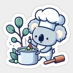 Cute koala chef holding pot with soup, koala bear cooking illustration, koala lover chef design Sticker